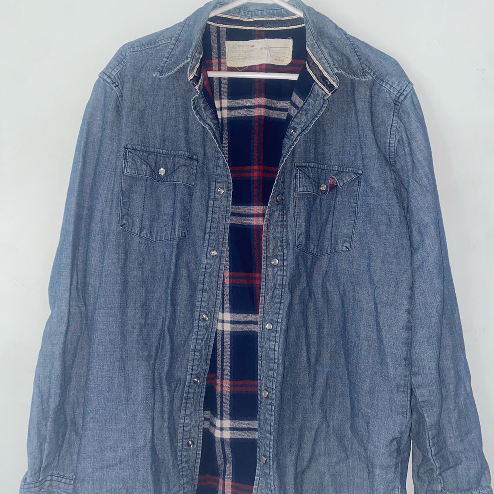 Levi's Blue Denim Shirt Jacket with Plaid Interior